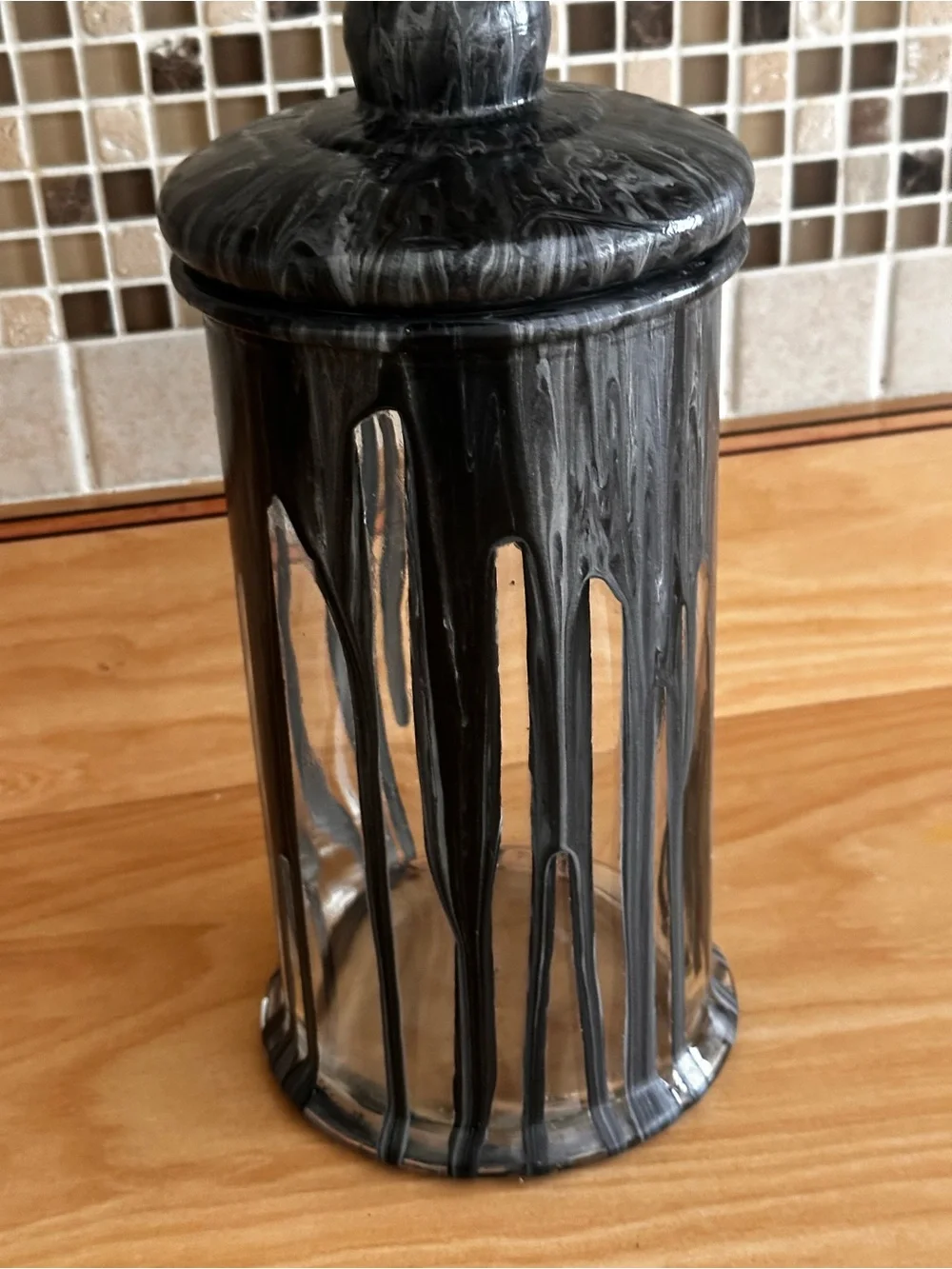 Hand crafted Black and silver Marble Effect glass Canister with Lid